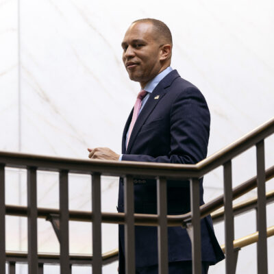 House Minority Leader Hakeem Jeffries (D-NY) walks to a House Democrat caucus meeting at the U.S. Capitol on May 31, 2023 in Washington, D.C.