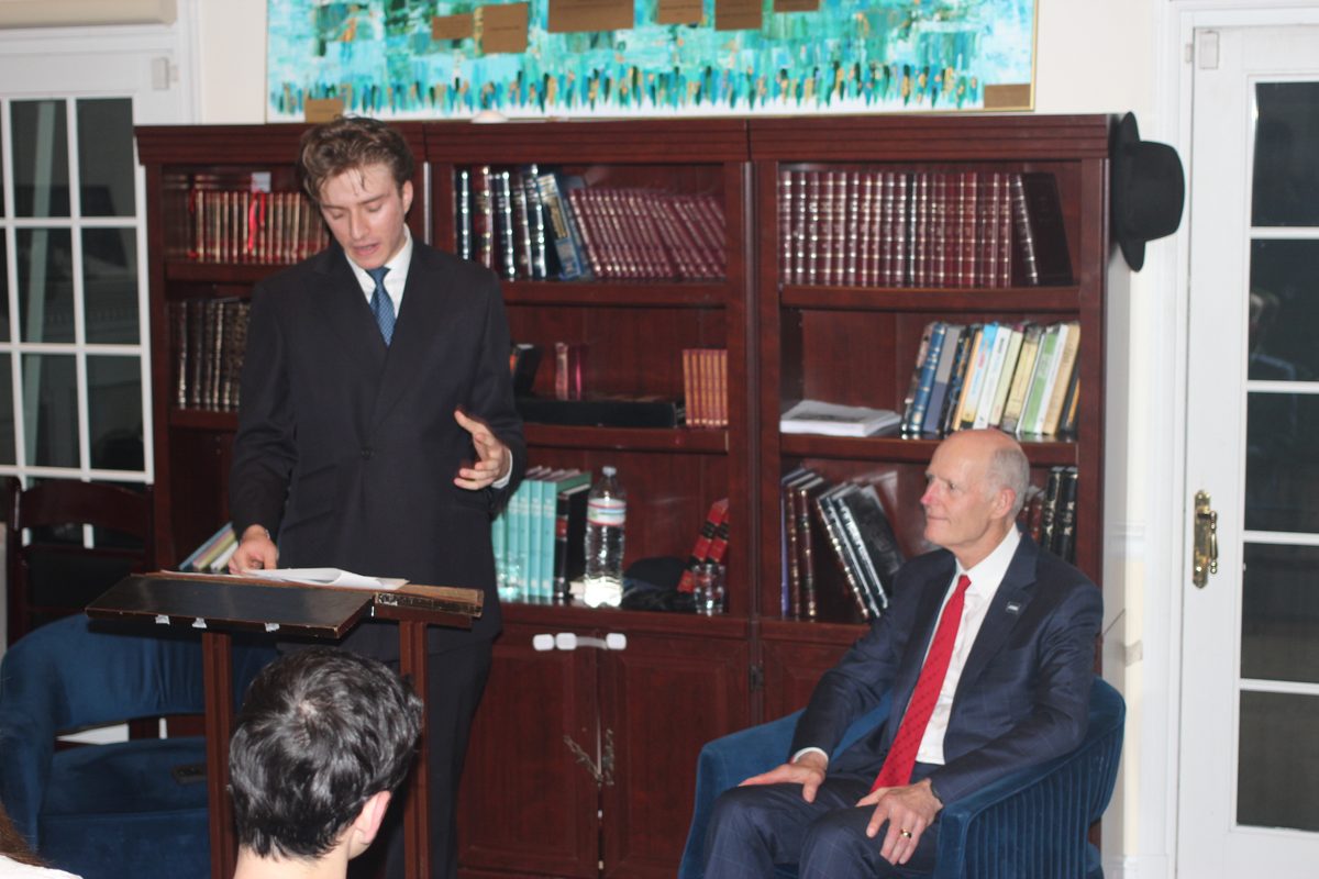 Jacob Intrator, president of the Georgetown University Students Supporting Israel chapter, hosts an event on campus featuring Sen. Rick Scott (R-FL). (courtesy Jacob Intrator)
